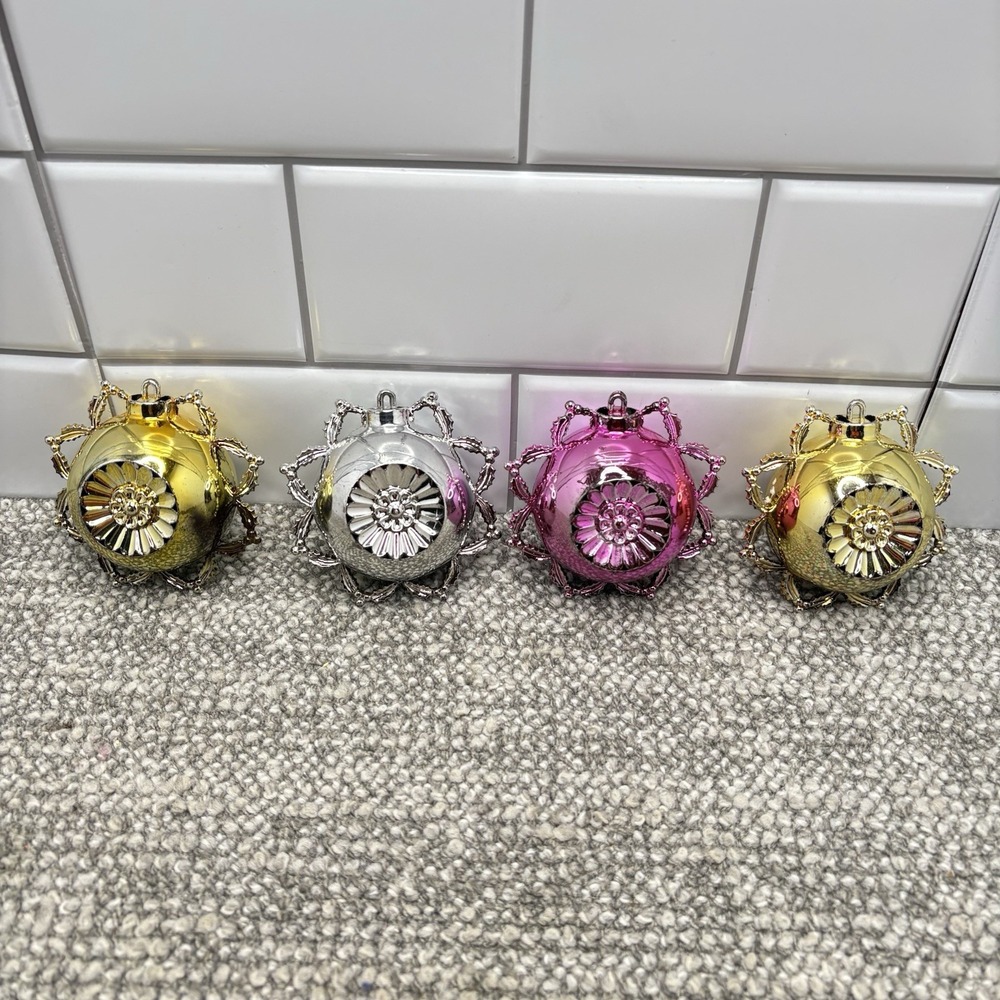 Vintage Bradford Christmas Ornaments Star Flower Ornate Ball Plastic Indent X4